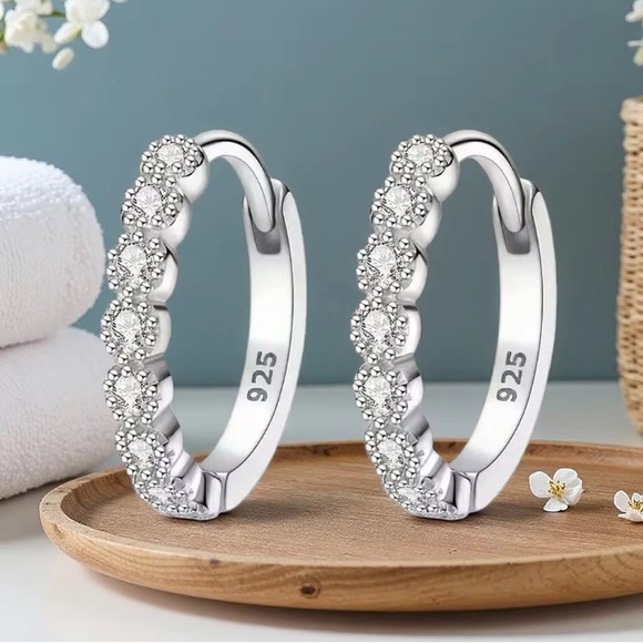S925 Silver Compact Zircon Elegant Hoop Earrings. - Picture 2 of 3